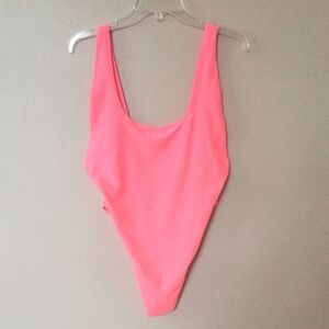 Aerie Womens Bright Pink Ribbed Birthday Scoop Neck Cheekiest One Piece Swimsuit